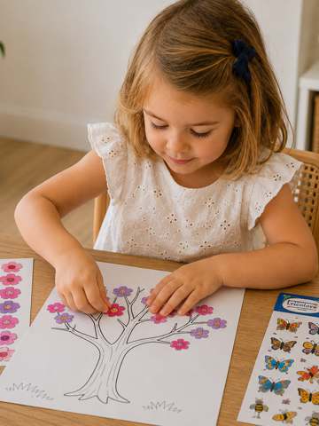 Petite fille collant des fleurs sur un arbre