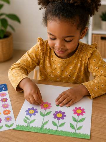 Enfant décorant des fleurs avec des gommettes
