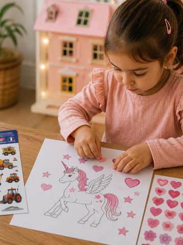 Petite fille décorant une licorne avec des cœurs