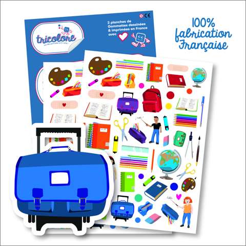 Planche de gommettes fournitures scolaires Tricolore