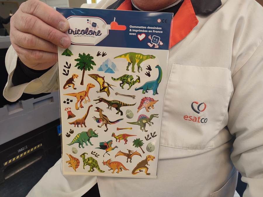Planche de gommettes dinosaures terminée, prête à être expédiée
